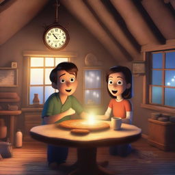 Tim and Tina are standing in an attic with a glowing magical clock