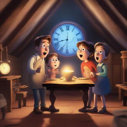 Tim and Tina are standing in an attic with a glowing magical clock