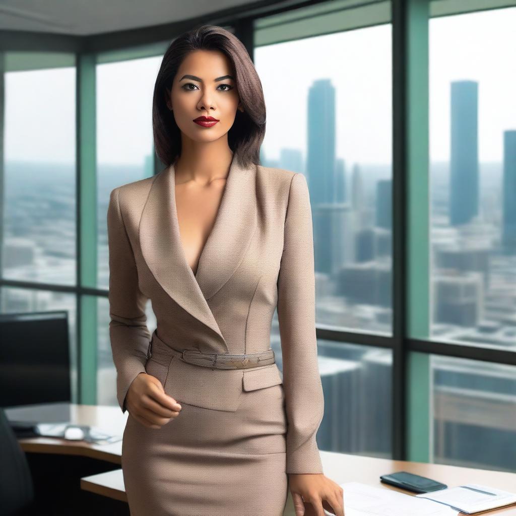 An office woman wearing a revealing outfit in a modern office setting