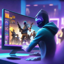 A vibrant and dynamic scene of a player analyzing their Fortnite account on a futuristic computer setup