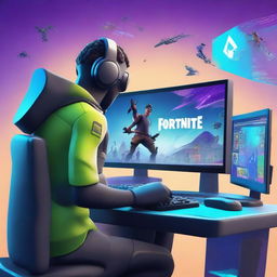 A vibrant and dynamic scene of a player analyzing their Fortnite account on a futuristic computer setup