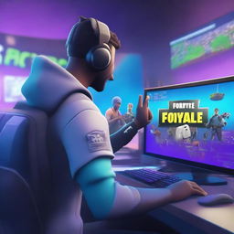 A vibrant and dynamic scene of a player analyzing their Fortnite account on a futuristic computer setup