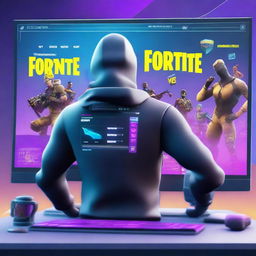 A vibrant and dynamic scene of a player analyzing their Fortnite account on a futuristic computer setup