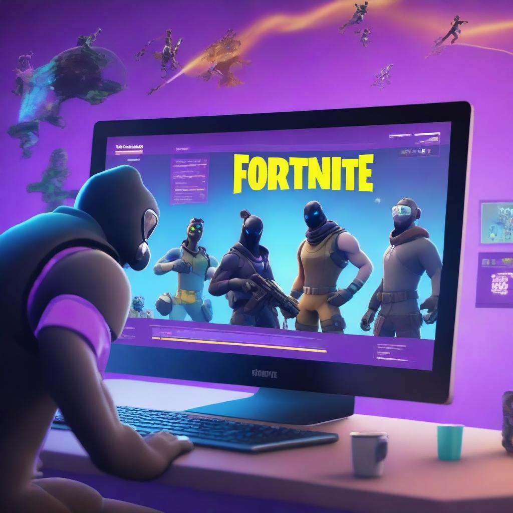 A vibrant and dynamic scene of a player analyzing their Fortnite account on a futuristic computer setup