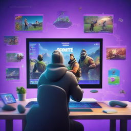 A vibrant and dynamic scene of a player analyzing their Fortnite account on a futuristic computer setup