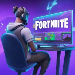 A vibrant and dynamic scene of a player analyzing their Fortnite account on a futuristic computer setup