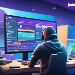 A vibrant and dynamic scene of a player analyzing their Fortnite account on a futuristic computer setup