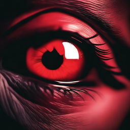 A close-up image of a pair of evil eyes, glowing with a sinister red hue