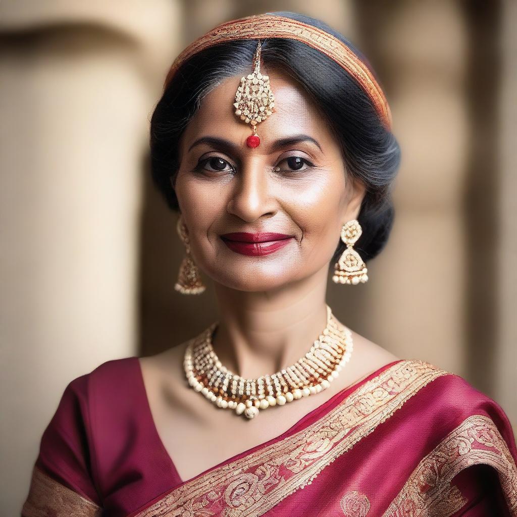 A mature Indian woman with traditional attire, showcasing elegance and cultural beauty