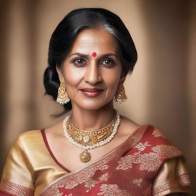 A mature Indian woman with traditional attire, showcasing elegance and cultural beauty