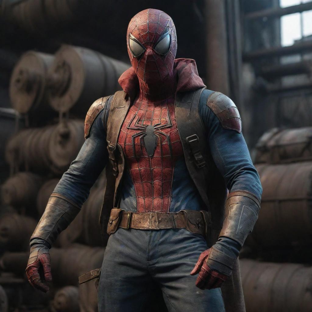 Spiderman attired in dark, gritty Dieselpunk gear, featuring industrial aesthetics and large machinery, in a dystopian 1940's era setting