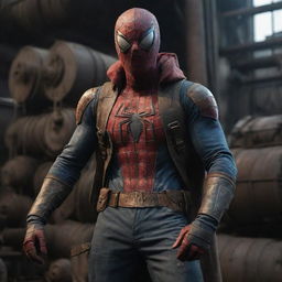 Spiderman attired in dark, gritty Dieselpunk gear, featuring industrial aesthetics and large machinery, in a dystopian 1940's era setting