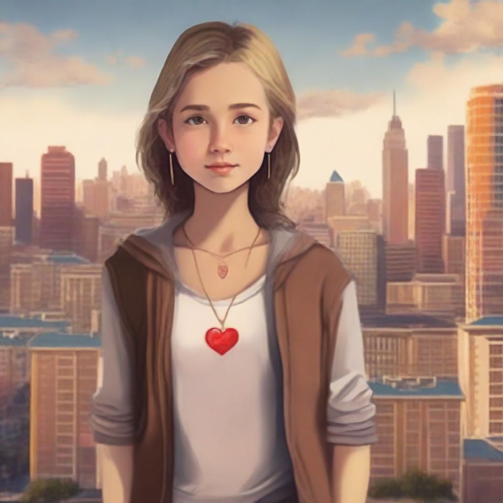 Freya, a 12-year-old girl navigating foster care, standing against a cityscape backdrop reflecting her journey