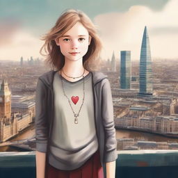 Freya, a 12-year-old girl navigating foster care, standing against a London cityscape backdrop reflecting her journey