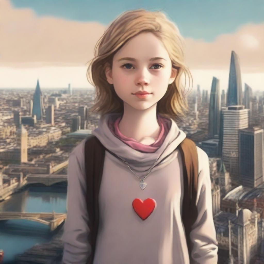 Freya, a 12-year-old girl navigating foster care, standing against a London cityscape backdrop reflecting her journey