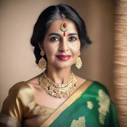 A beautiful and elegant mature Indian woman wearing traditional attire, showcasing her grace and charm