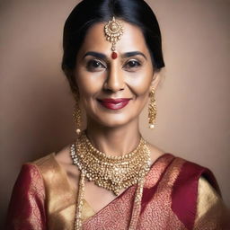 A beautiful and elegant mature Indian woman wearing traditional attire, showcasing her grace and charm