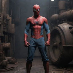 Spiderman attired in dark, gritty Dieselpunk gear, featuring industrial aesthetics and large machinery, in a dystopian 1940's era setting