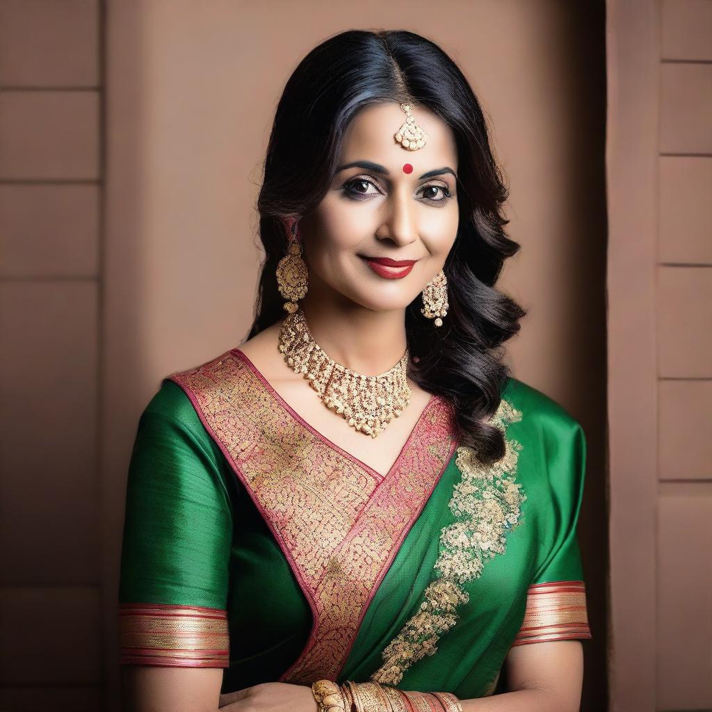 A beautiful and elegant mature Indian woman wearing traditional attire, showcasing her grace and charm