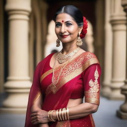 A beautiful and elegant mature Indian woman wearing traditional attire, showcasing her grace and charm