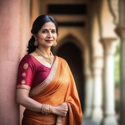 A beautiful and elegant mature Indian woman wearing traditional attire, showcasing her grace and charm