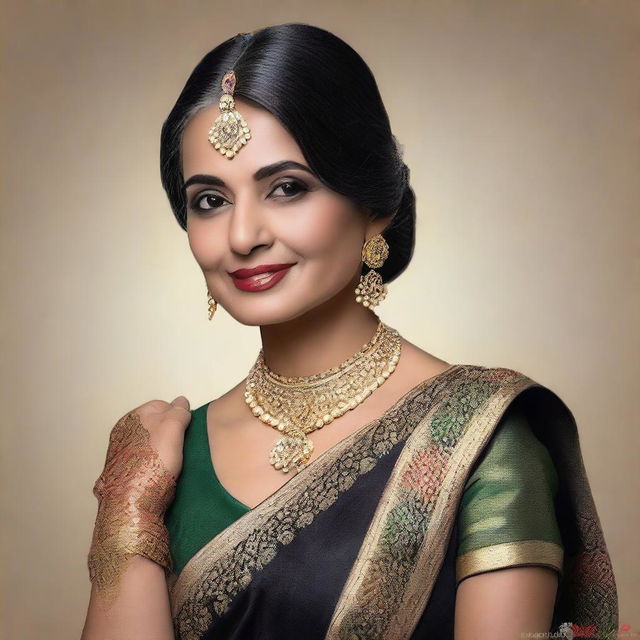 A beautiful and elegant mature Indian woman wearing traditional attire, showcasing her grace and charm