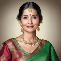 A beautiful and elegant mature Indian woman wearing traditional attire, showcasing her grace and charm