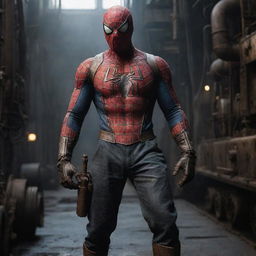 Spiderman attired in dark, gritty Dieselpunk gear, featuring industrial aesthetics and large machinery, in a dystopian 1940's era setting