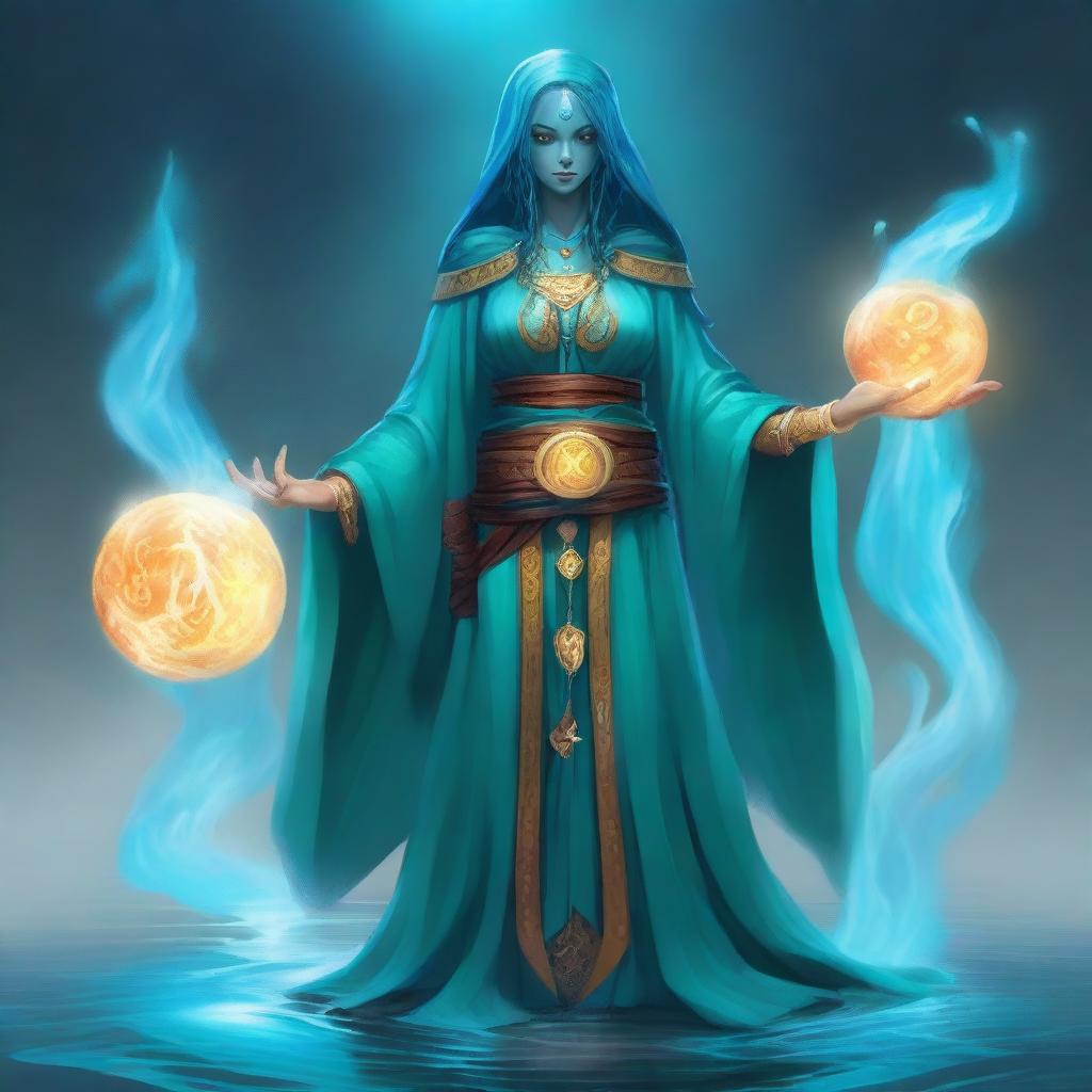 A full-body image of a female water genasi DnD evocation wizard