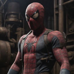 Spiderman attired in dark, gritty Dieselpunk gear, featuring industrial aesthetics and large machinery, in a dystopian 1940's era setting