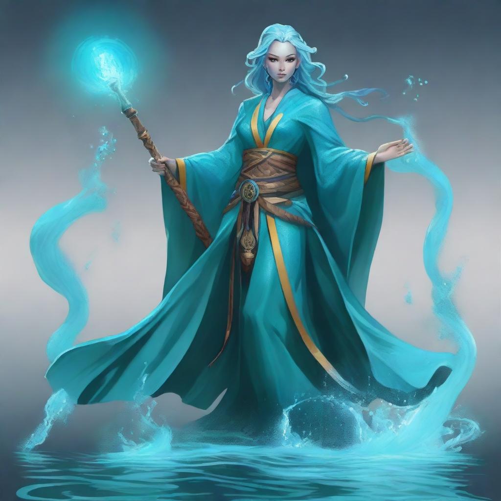 A full-body image of a female water genasi DnD wizard