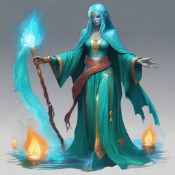 A full-body image of a female water genasi DnD wizard