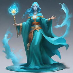 A full-body image of a female water genasi DnD wizard