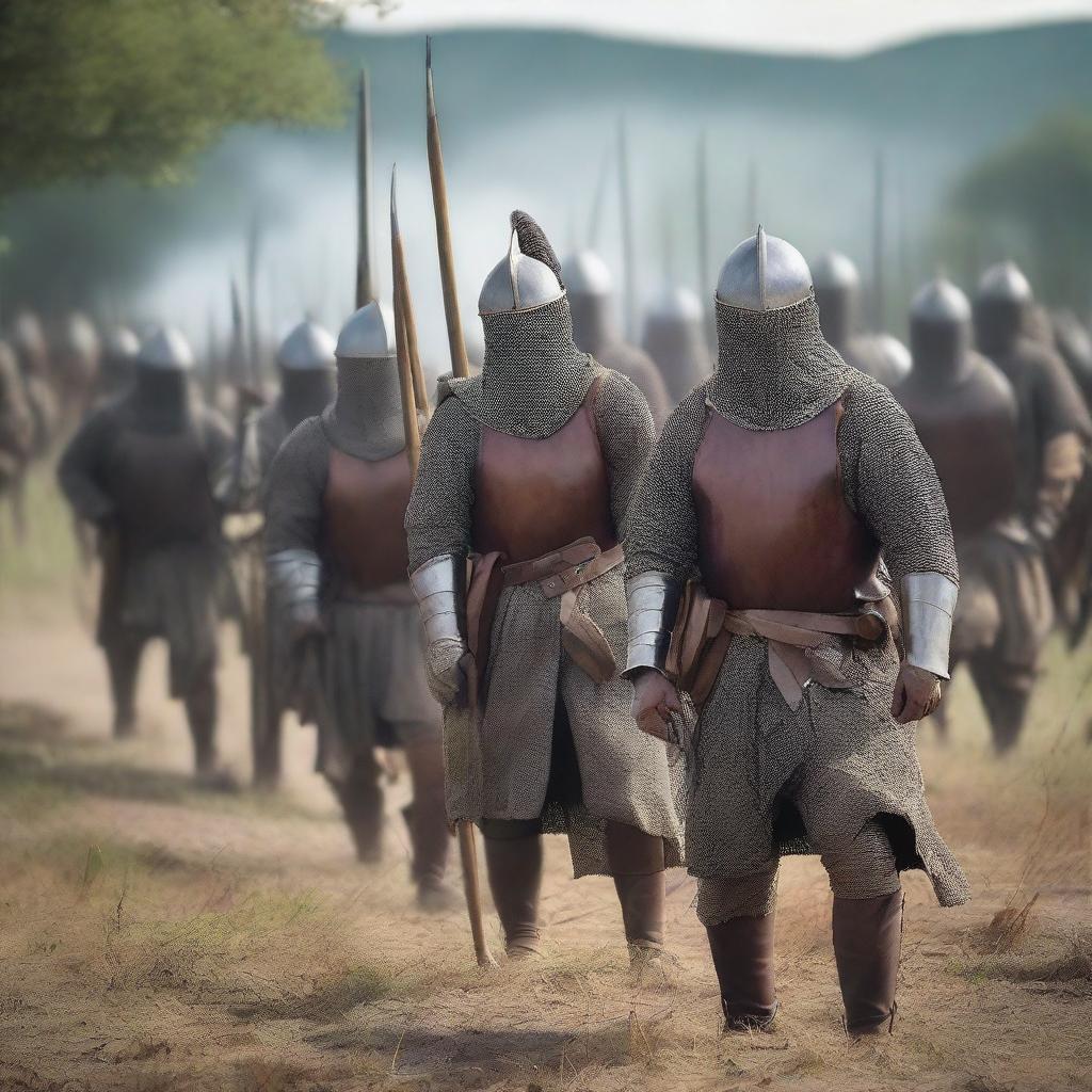 A group of medieval militiamen armed with spears, standing in formation