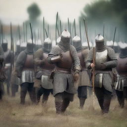 A group of medieval militiamen armed with spears, standing in formation