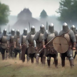 A group of medieval militiamen armed with spears, standing in formation