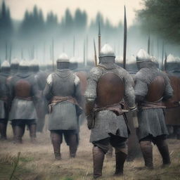 A group of medieval militiamen armed with spears, standing in formation