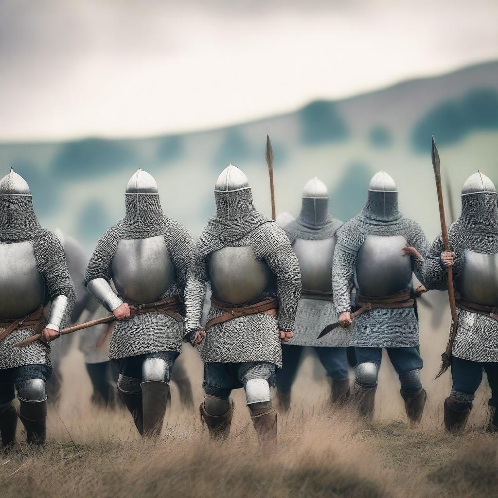 A group of medieval militiamen armed with spears, standing in formation