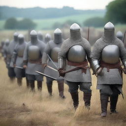 A group of medieval militiamen armed with spears, standing in formation