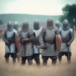 A group of medieval militiamen armed with spears, standing in formation