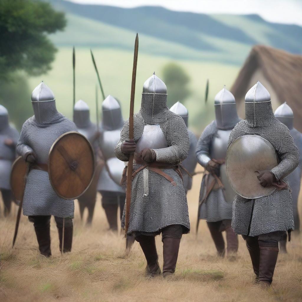 A group of medieval militiamen armed with spears, standing in formation