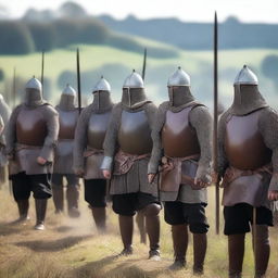 A group of medieval militiamen armed with spears, standing in formation