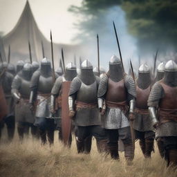 A group of medieval militiamen armed with spears, standing in formation