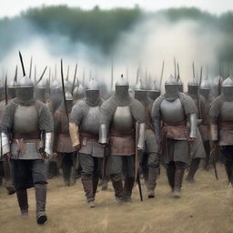 A group of medieval militiamen armed with spears, standing in formation