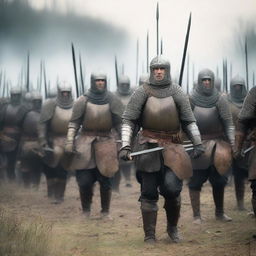 A group of medieval militiamen armed with spears, standing in formation