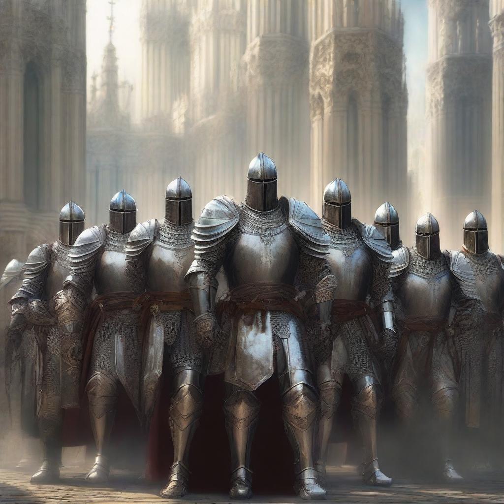 A group of holy knights armed with spears, standing in a majestic formation