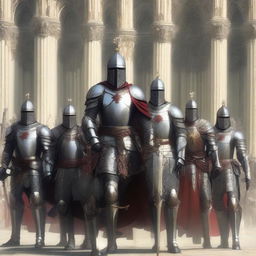 A group of holy knights armed with spears, standing in a majestic formation