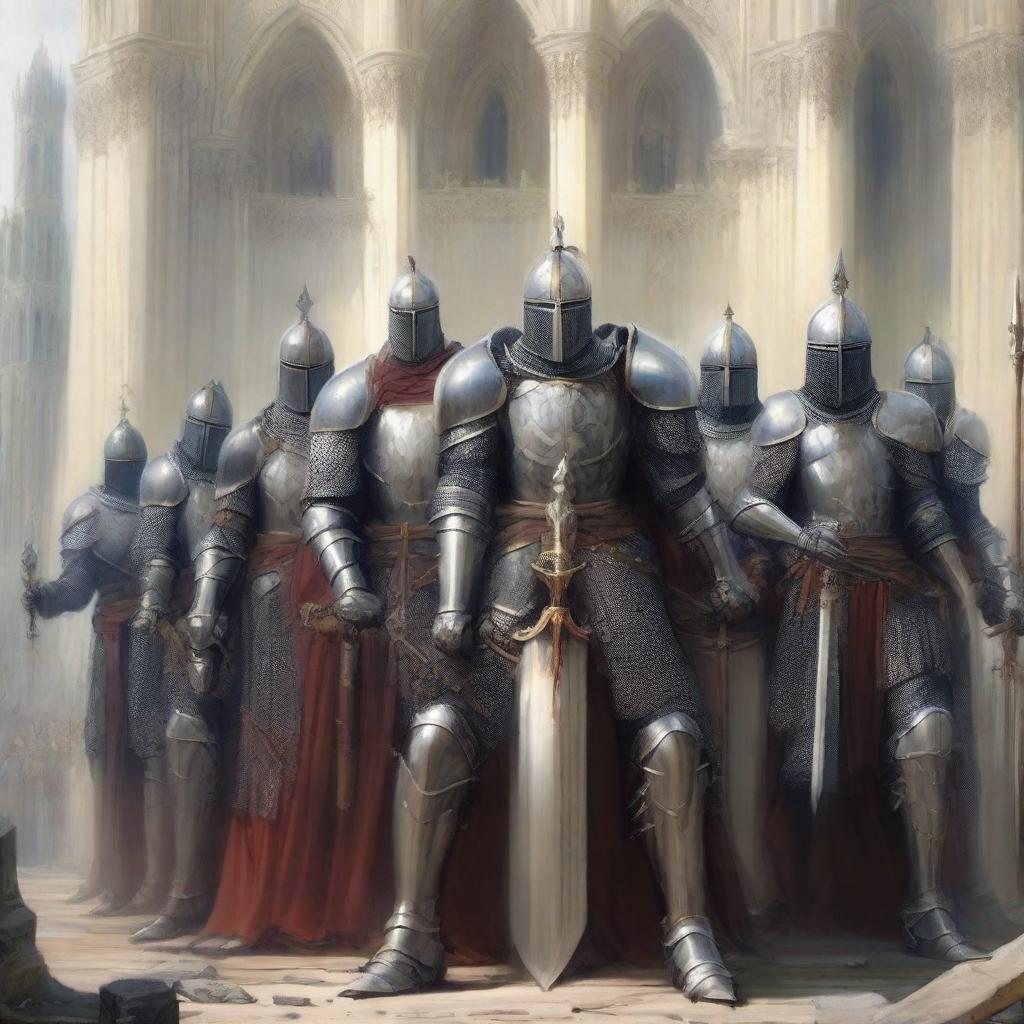 A group of holy knights armed with spears, standing in a majestic formation