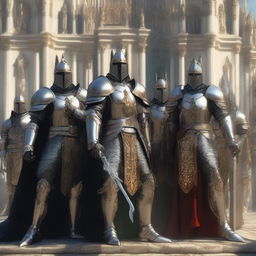 A group of holy knights armed with spears, standing in a majestic formation