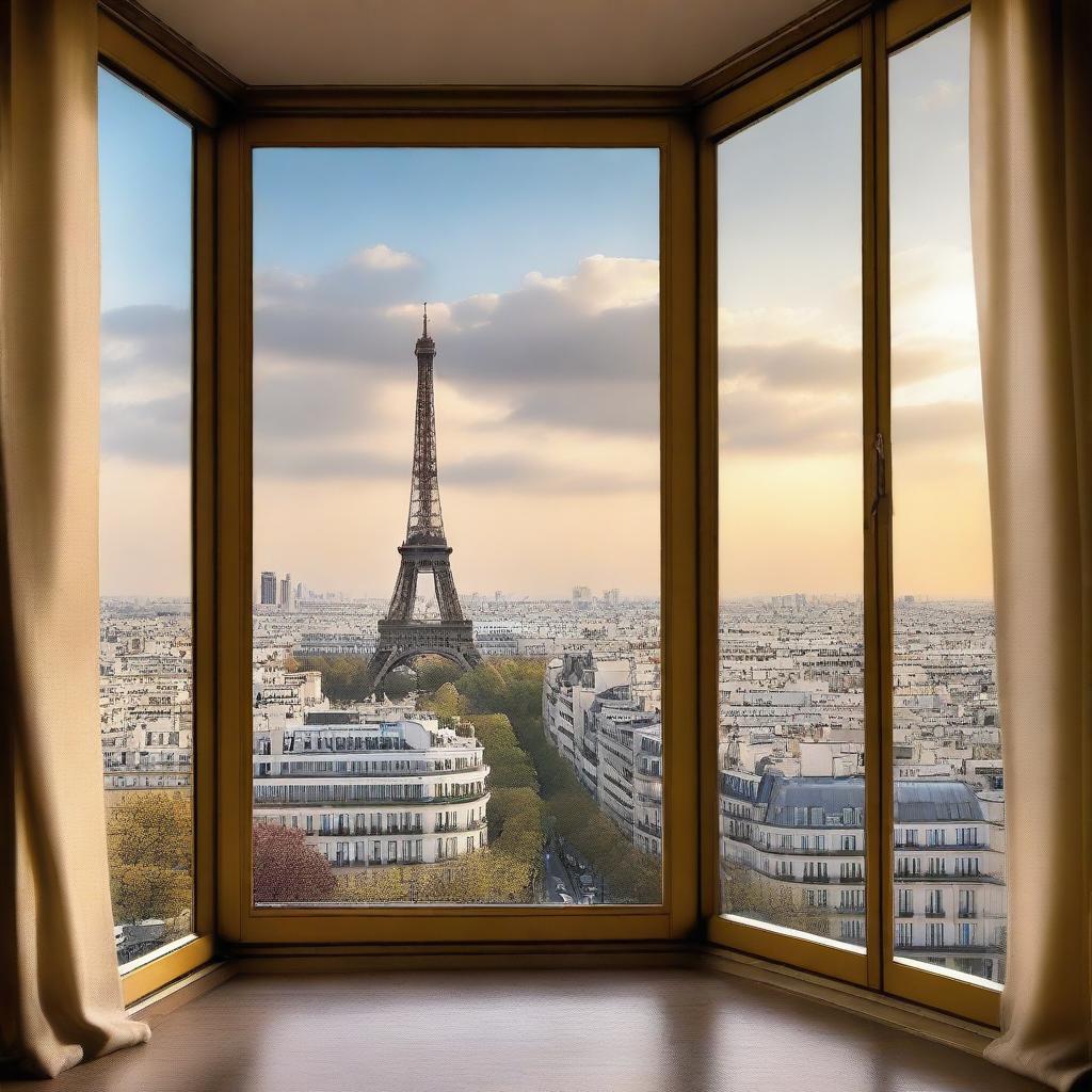 Create an image of the Eiffel Tower as seen from a window